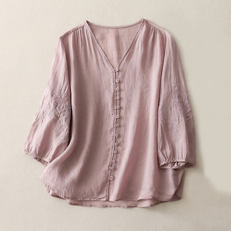 Buddha Stones Camicia da donna in cotone e lino con bottoni ricamati - Image 17