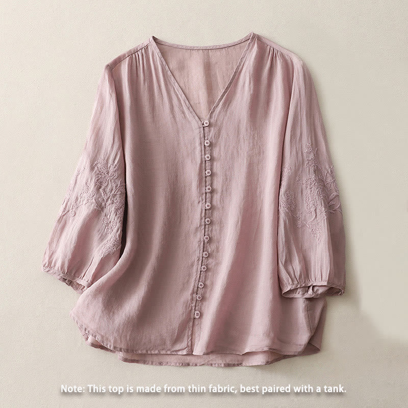 Buddha Stones Camicia da donna in cotone e lino con bottoni ricamati - Image 18