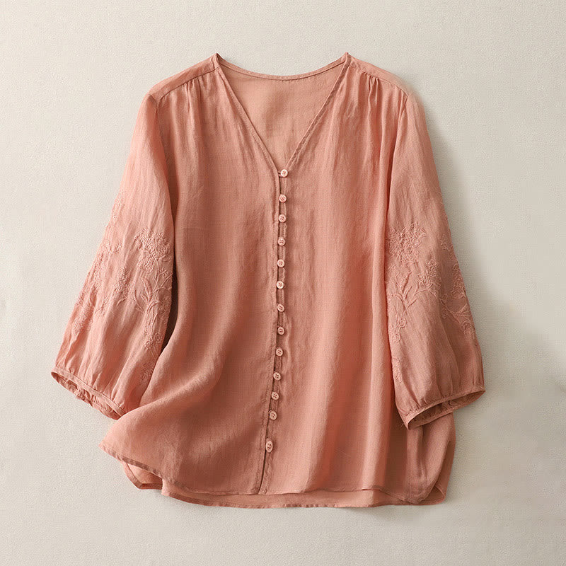 Buddha Stones Camicia da donna in cotone e lino con bottoni ricamati - Image 23