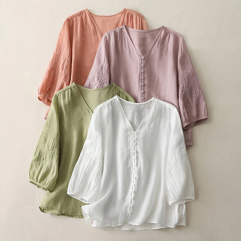 Buddha Stones Camicia da donna in cotone e lino con bottoni ricamati - Image 29