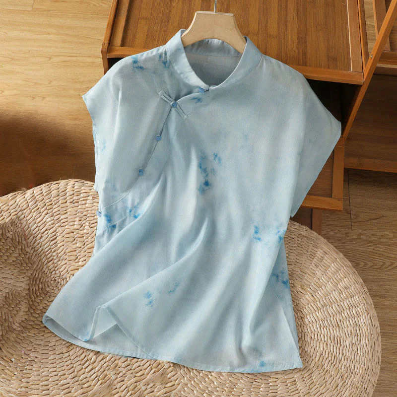 Buddha Stones Camicia da donna senza maniche con bottoni a forma di rana, azzurra