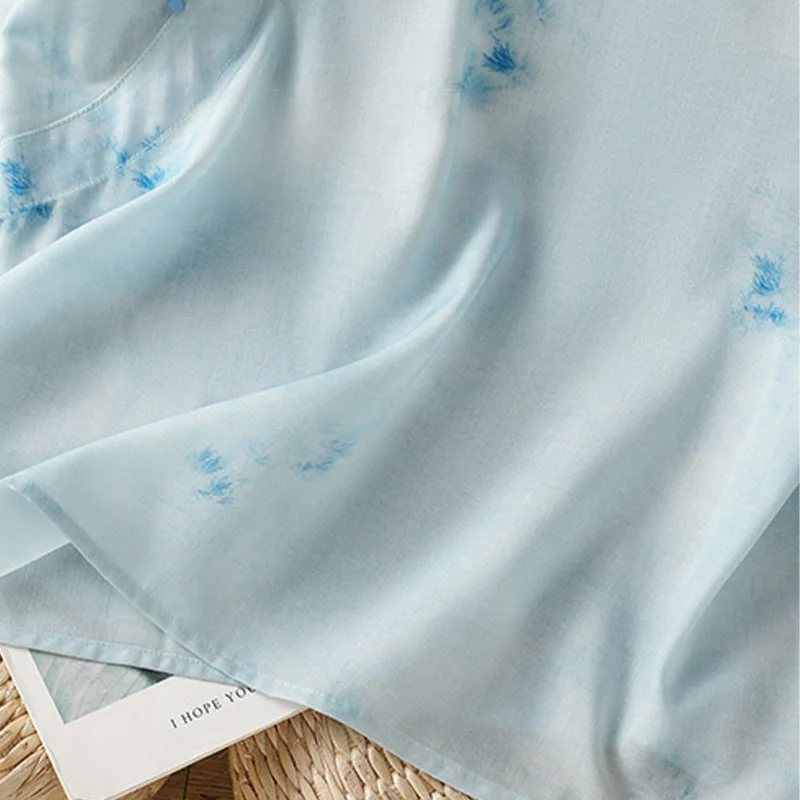 Buddha Stones Camicia da donna senza maniche con bottoni a forma di rana, azzurra - Image 10
