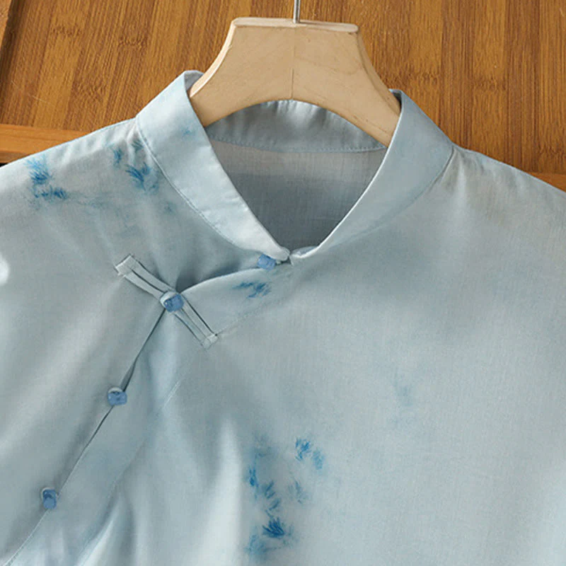 Buddha Stones Camicia da donna senza maniche con bottoni a forma di rana, azzurra - Image 4