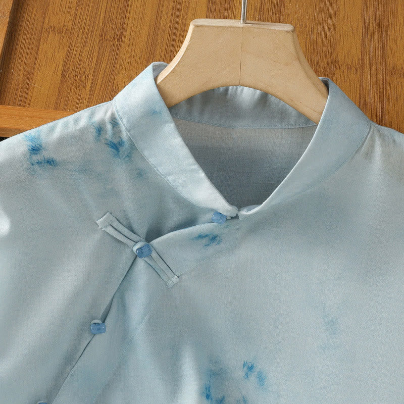 Buddha Stones Camicia da donna senza maniche con bottoni a forma di rana, azzurra - Image 6