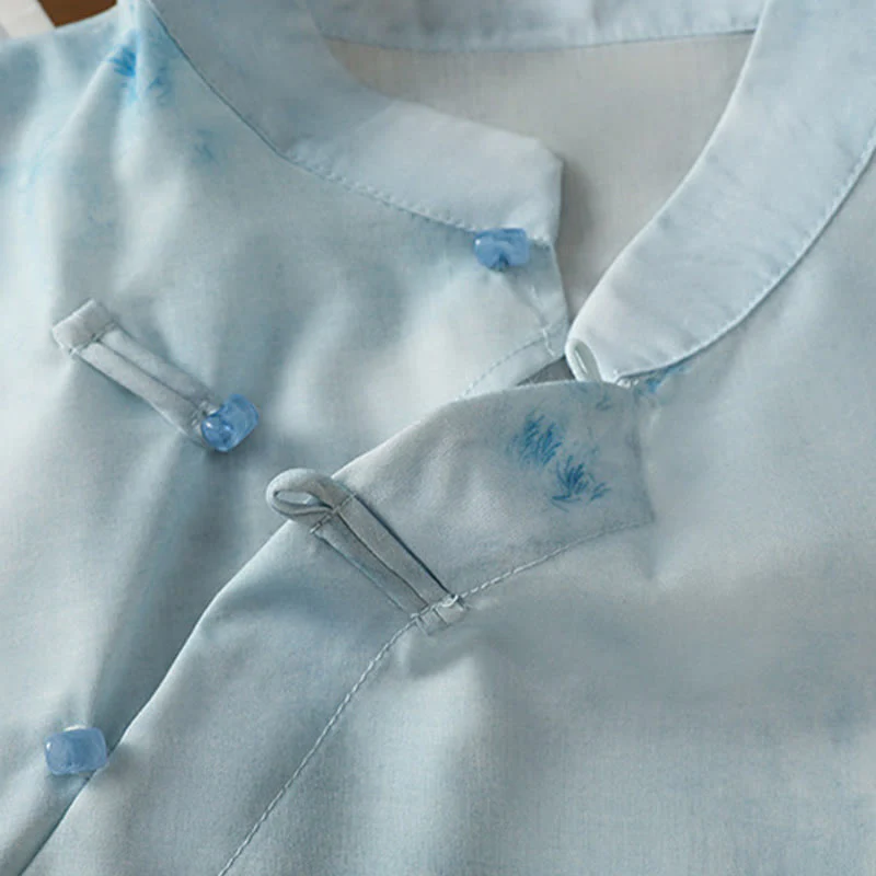 Buddha Stones Camicia da donna senza maniche con bottoni a forma di rana, azzurra - Image 7