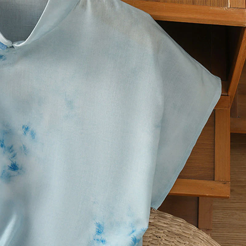 Buddha Stones Camicia da donna senza maniche con bottoni a forma di rana, azzurra - Image 8