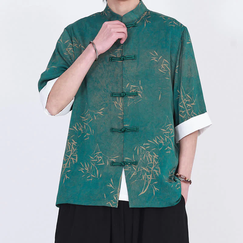 Buddha Stones Camicia da uomo a maniche a tre quarti con stampa di bambù, colletto alla coreana e bottoni a rana, ideale per l'estate. - Image 10