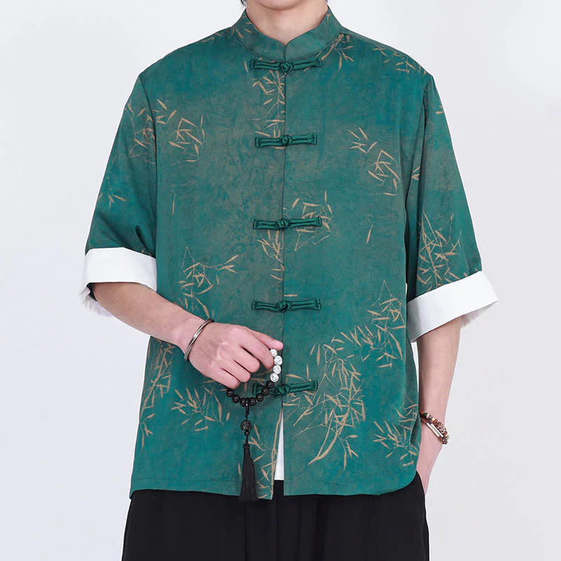 Buddha Stones Camicia da uomo a maniche a tre quarti con stampa di bambù, colletto alla coreana e bottoni a rana, ideale per l'estate. - Image 11