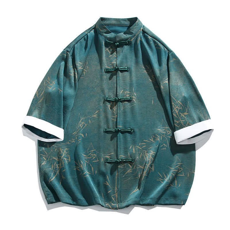 Buddha Stones Camicia da uomo a maniche a tre quarti con stampa di bambù, colletto alla coreana e bottoni a rana, ideale per l'estate. - Image 12