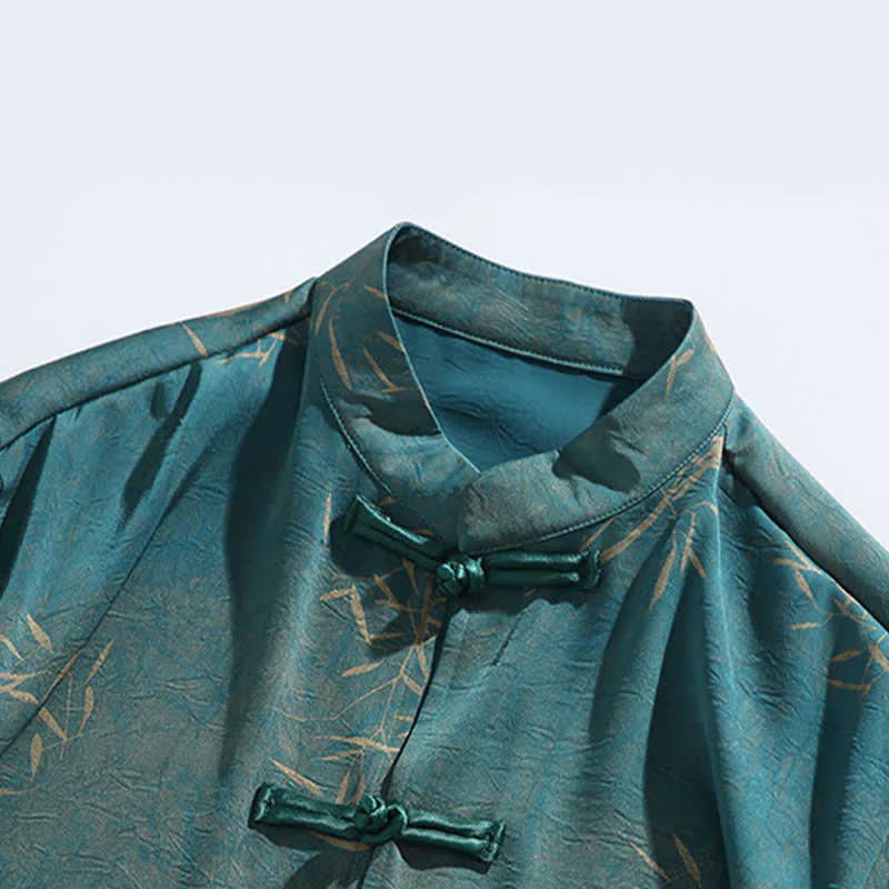 Buddha Stones Camicia da uomo a maniche a tre quarti con stampa di bambù, colletto alla coreana e bottoni a rana, ideale per l'estate. - Image 13