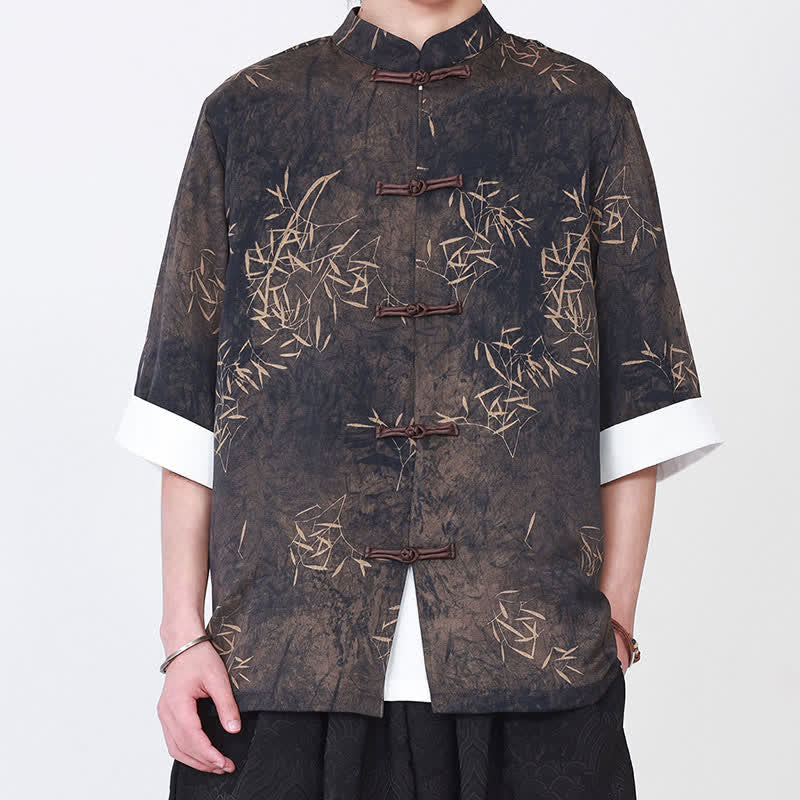 Buddha Stones Camicia da uomo a maniche a tre quarti con stampa di bambù, colletto alla coreana e bottoni a rana, ideale per l'estate. - Image 2