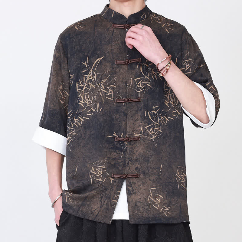 Buddha Stones Camicia da uomo a maniche a tre quarti con stampa di bambù, colletto alla coreana e bottoni a rana, ideale per l'estate. - Image 3