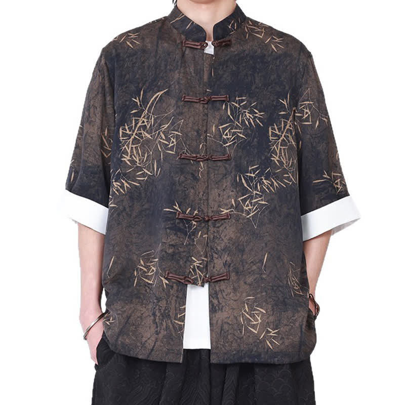 Buddha Stones Camicia da uomo a maniche a tre quarti con stampa di bambù, colletto alla coreana e bottoni a rana, ideale per l'estate. - Image 6