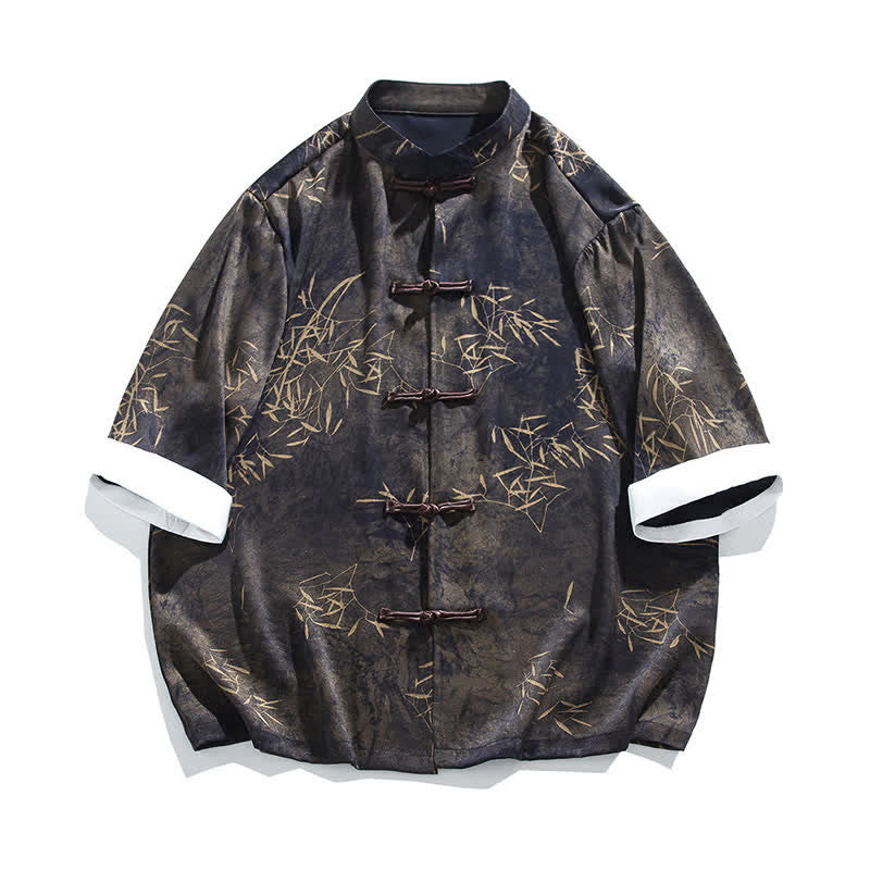 Buddha Stones Camicia da uomo a maniche a tre quarti con stampa di bambù, colletto alla coreana e bottoni a rana, ideale per l'estate. - Image 7
