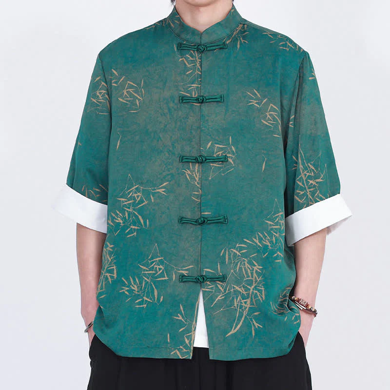 Buddha Stones Camicia da uomo a maniche a tre quarti con stampa di bambù, colletto alla coreana e bottoni a rana, ideale per l'estate. - Image 9
