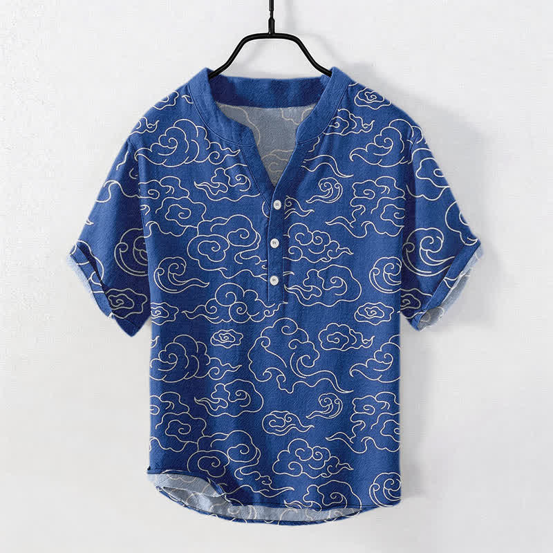 Buddha Stones Camicia da uomo a maniche corte con mezza abbottonatura e fantasia a nuvole in cotone.