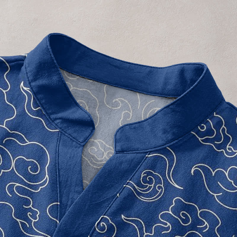 Buddha Stones Camicia da uomo a maniche corte con mezza abbottonatura e fantasia a nuvole in cotone. - Image 3