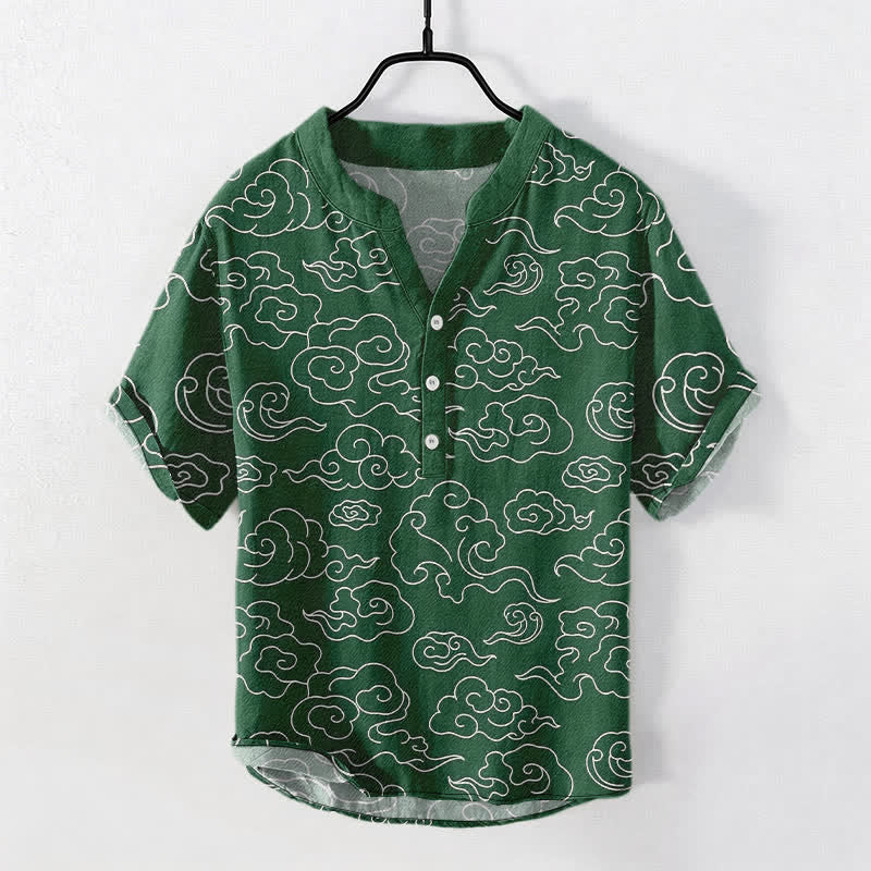 Buddha Stones Camicia da uomo a maniche corte con mezza abbottonatura e fantasia a nuvole in cotone. - Image 6