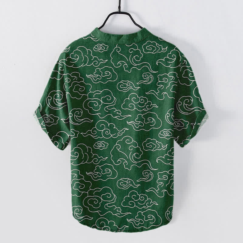 Buddha Stones Camicia da uomo a maniche corte con mezza abbottonatura e fantasia a nuvole in cotone. - Image 7
