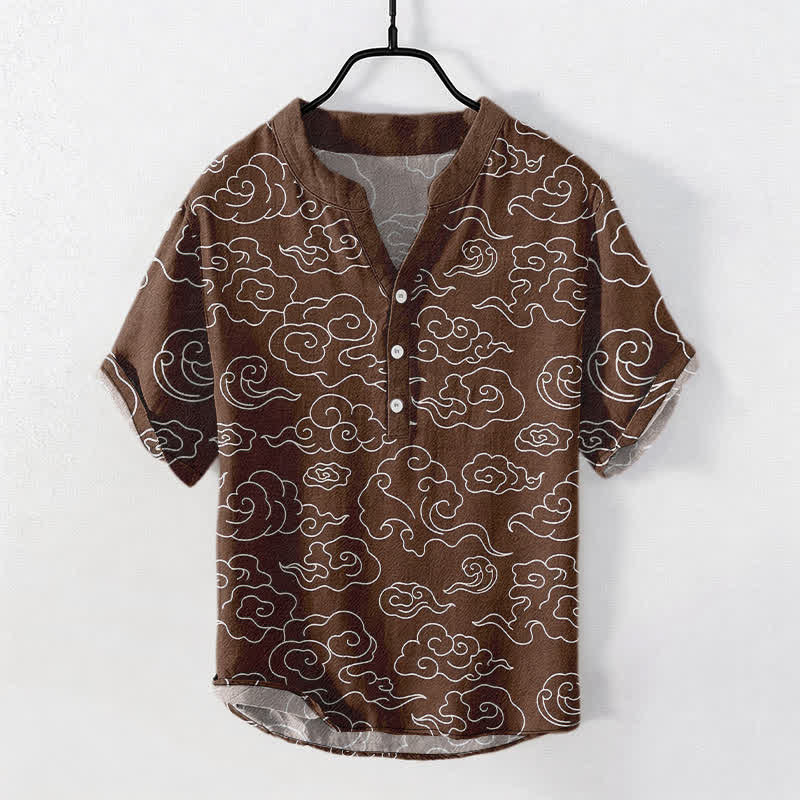 Buddha Stones Camicia da uomo a maniche corte con mezza abbottonatura e fantasia a nuvole in cotone. - Image 8