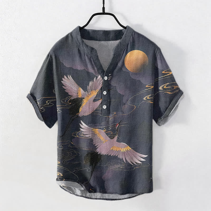 Buddha Stones Camicia da uomo a maniche corte con mezza abbottonatura, in cotone, con motivo gru e luna piena.