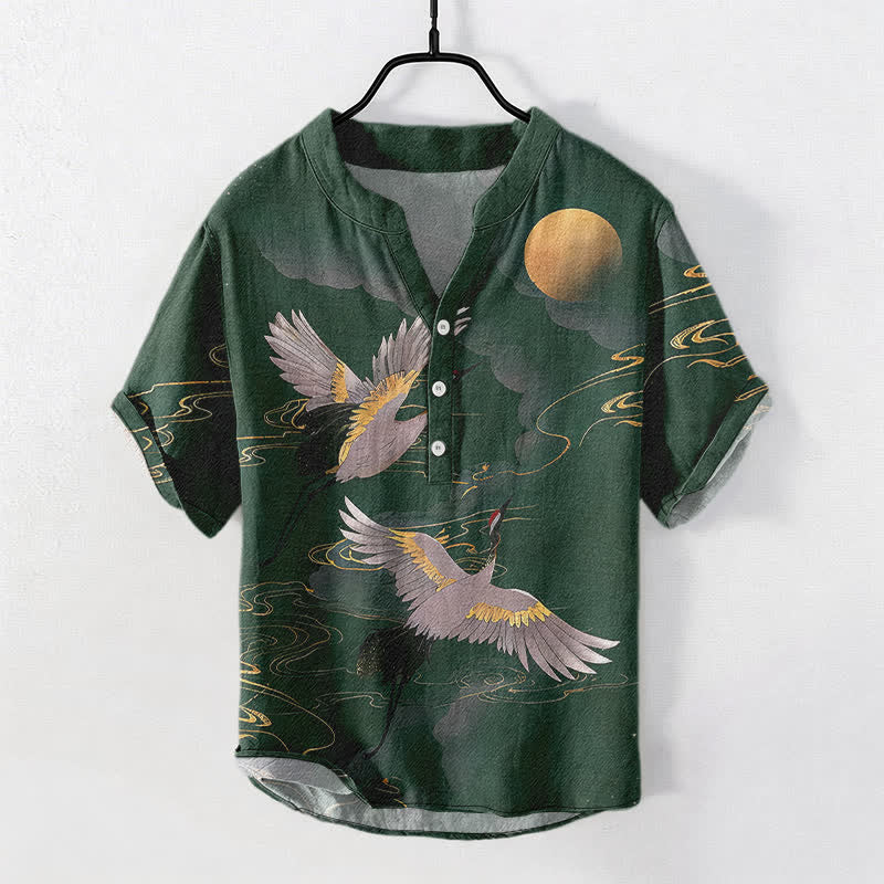 Buddha Stones Camicia da uomo a maniche corte con mezza abbottonatura, in cotone, con motivo gru e luna piena. - Image 6