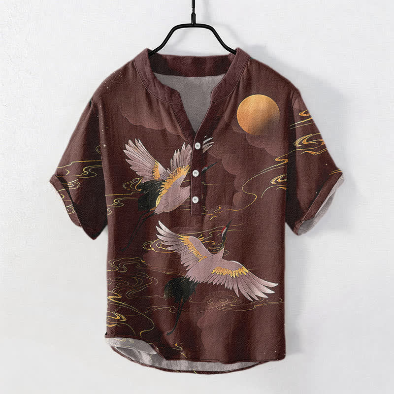 Buddha Stones Camicia da uomo a maniche corte con mezza abbottonatura, in cotone, con motivo gru e luna piena. - Image 8