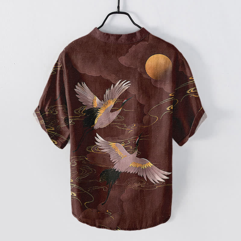 Buddha Stones Camicia da uomo a maniche corte con mezza abbottonatura, in cotone, con motivo gru e luna piena. - Image 9