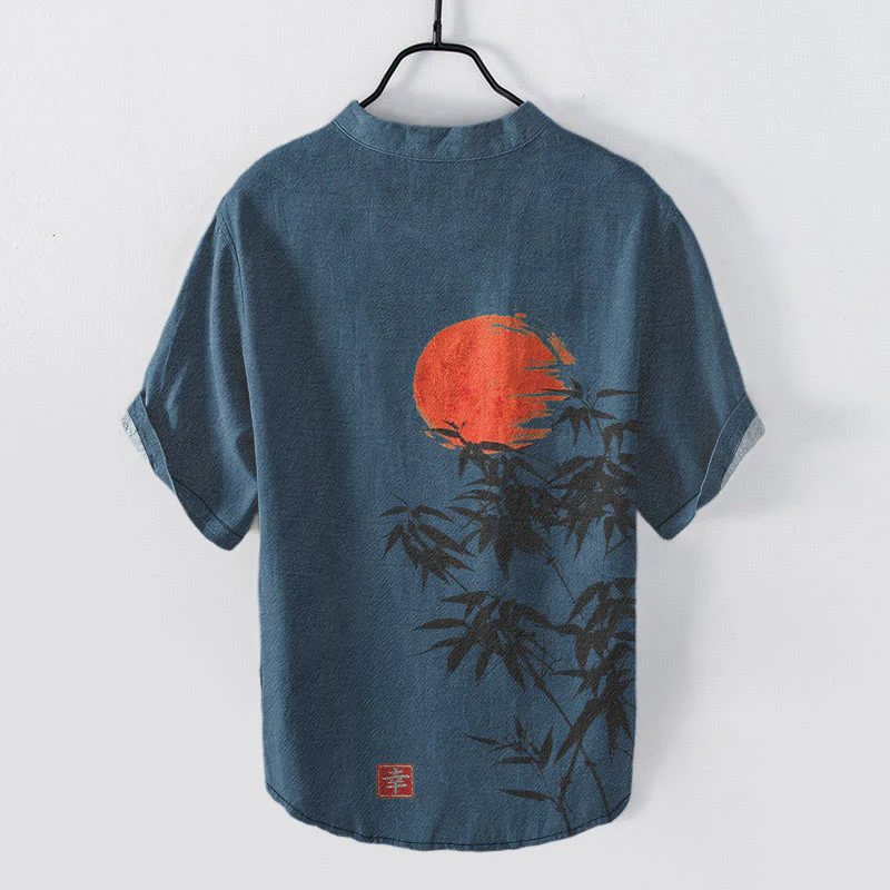 Buddha Stones Camicia da uomo a maniche corte con mezza abbottonatura, in cotone, con semplice motivo a sole e bambù rossi. - Image 8