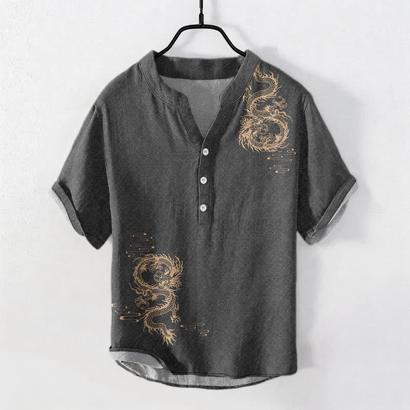 Buddha Stones Camicia da uomo a maniche corte con mezzo bottone Cotton Dragon