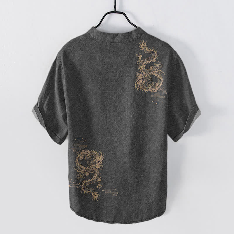 Buddha Stones Camicia da uomo a maniche corte con mezzo bottone Cotton Dragon - Image 2