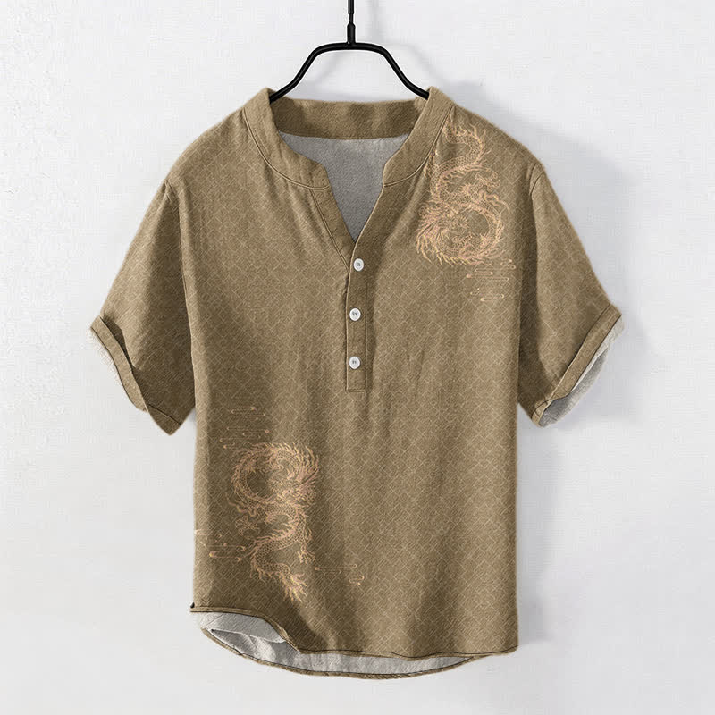 Buddha Stones Camicia da uomo a maniche corte con mezzo bottone Cotton Dragon - Image 6