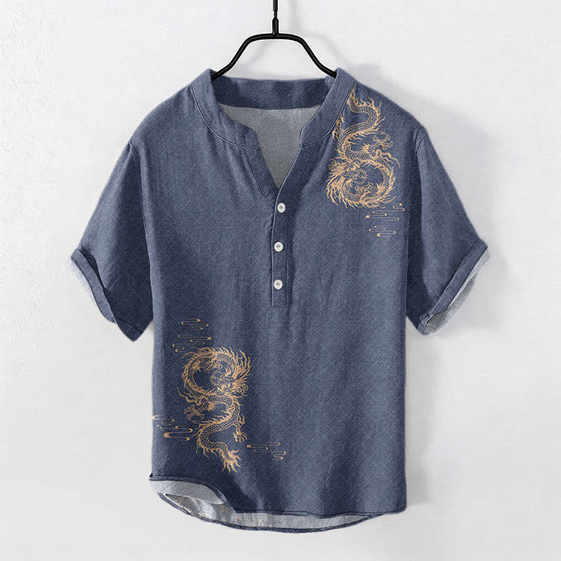 Buddha Stones Camicia da uomo a maniche corte con mezzo bottone Cotton Dragon - Image 8