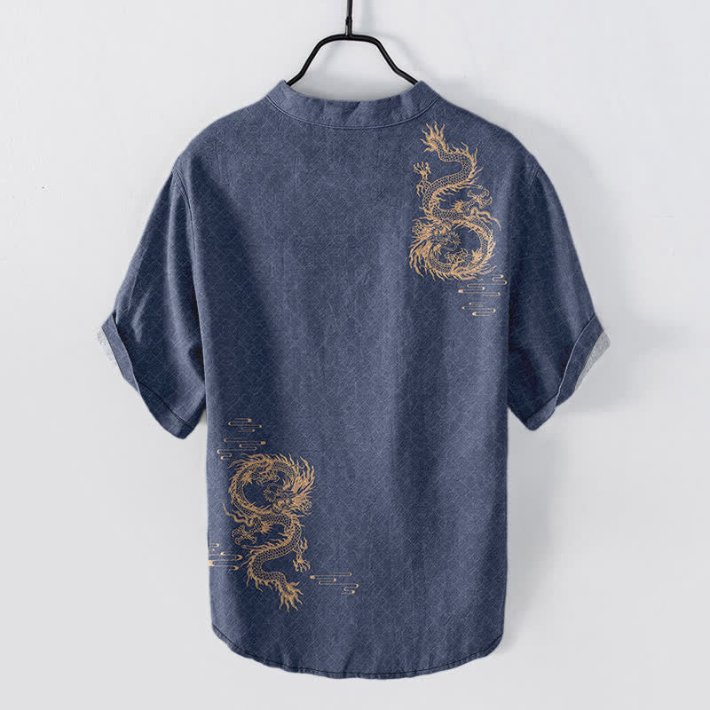 Buddha Stones Camicia da uomo a maniche corte con mezzo bottone Cotton Dragon - Image 9