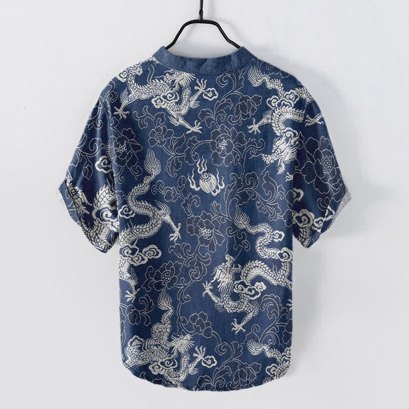 Buddha Stones Camicia da uomo a maniche corte con mezzo bottone e motivo drago e loto in cotone. - Image 2
