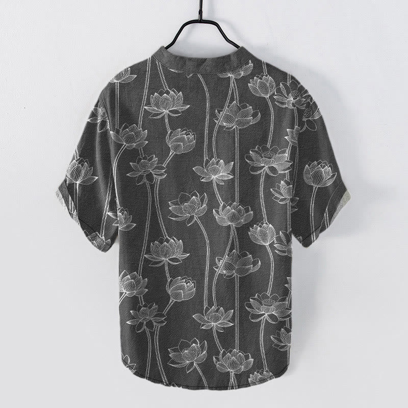 Buddha Stones Camicia da uomo a maniche corte con mezzo bottone, in cotone, con motivo a loto armonioso. - Image 6