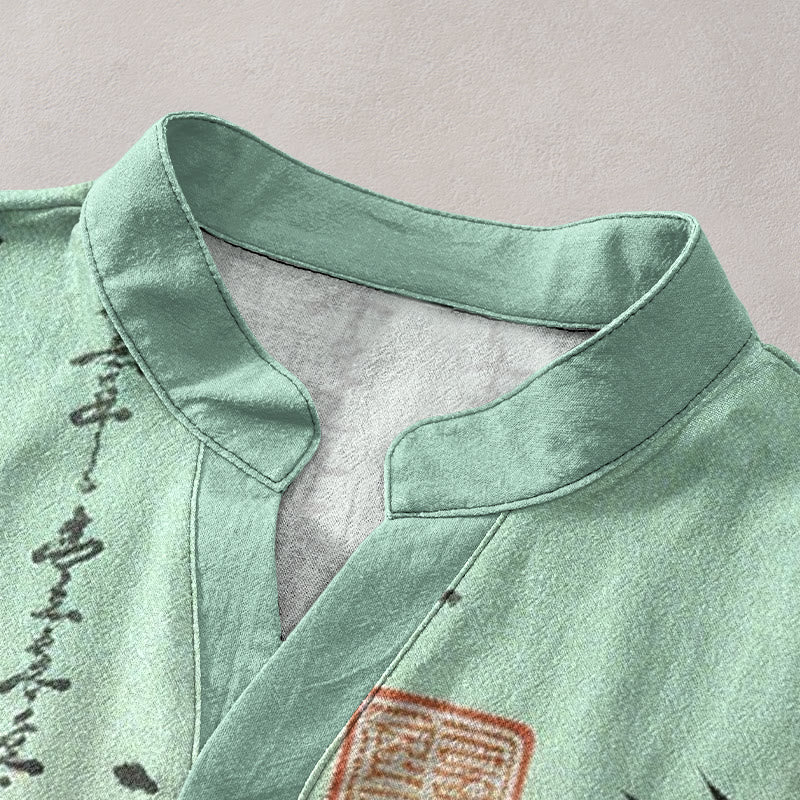 Buddha Stones Camicia da uomo a maniche corte con mezzo bottone, in cotone, con motivo calligrafico sfumato e stampa a inchiostro di bambù. - Image 3