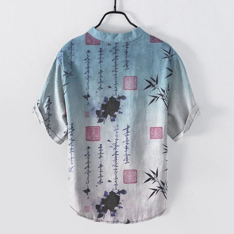 Buddha Stones Camicia da uomo a maniche corte con mezzo bottone, in cotone, con motivo calligrafico sfumato e stampa a inchiostro di bambù. - Image 6
