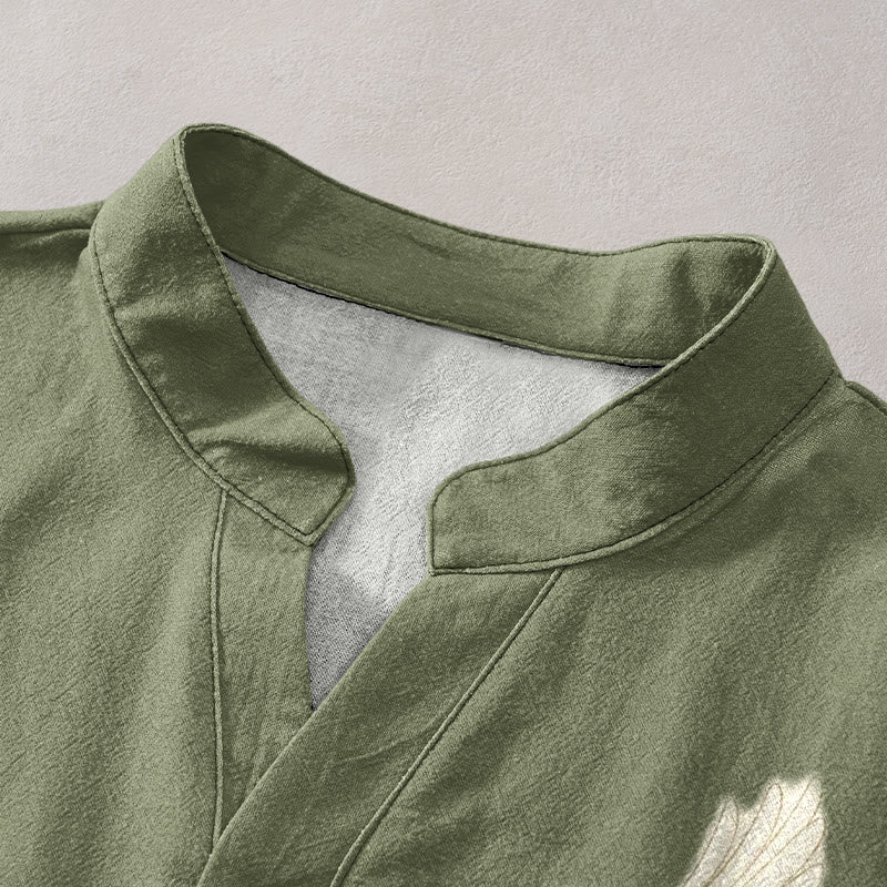 Buddha Stones Camicia da uomo a maniche corte con mezzo bottone, stampa "Cotton Crane Auspicious Clouds Landscapes". - Image 3