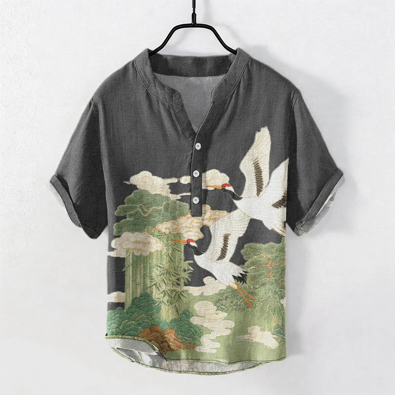 Buddha Stones Camicia da uomo a maniche corte con mezzo bottone, stampa "Cotton Crane Auspicious Clouds Landscapes". - Image 5