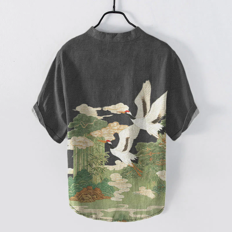 Buddha Stones Camicia da uomo a maniche corte con mezzo bottone, stampa "Cotton Crane Auspicious Clouds Landscapes". - Image 6
