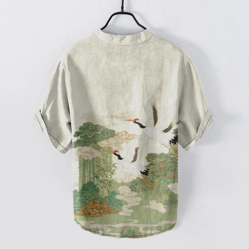 Buddha Stones Camicia da uomo a maniche corte con mezzo bottone, stampa "Cotton Crane Auspicious Clouds Landscapes". - Image 8