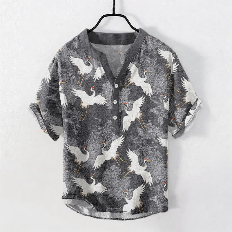 Buddha Stones Camicia da uomo a maniche corte Crane, ideale per il tempo libero e il resort.