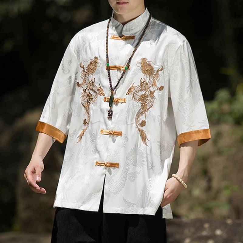 Buddha Stones Camicia da uomo a mezza manica con bottoni a rana, motivo drago ricamato, design colorblock - Image 10