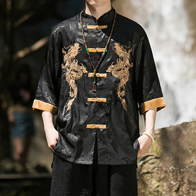 Buddha Stones Camicia da uomo a mezza manica con bottoni a rana, motivo drago ricamato, design colorblock - Image 11