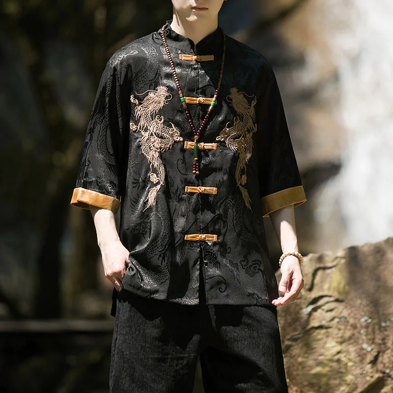 Buddha Stones Camicia da uomo a mezza manica con bottoni a rana, motivo drago ricamato, design colorblock - Image 12