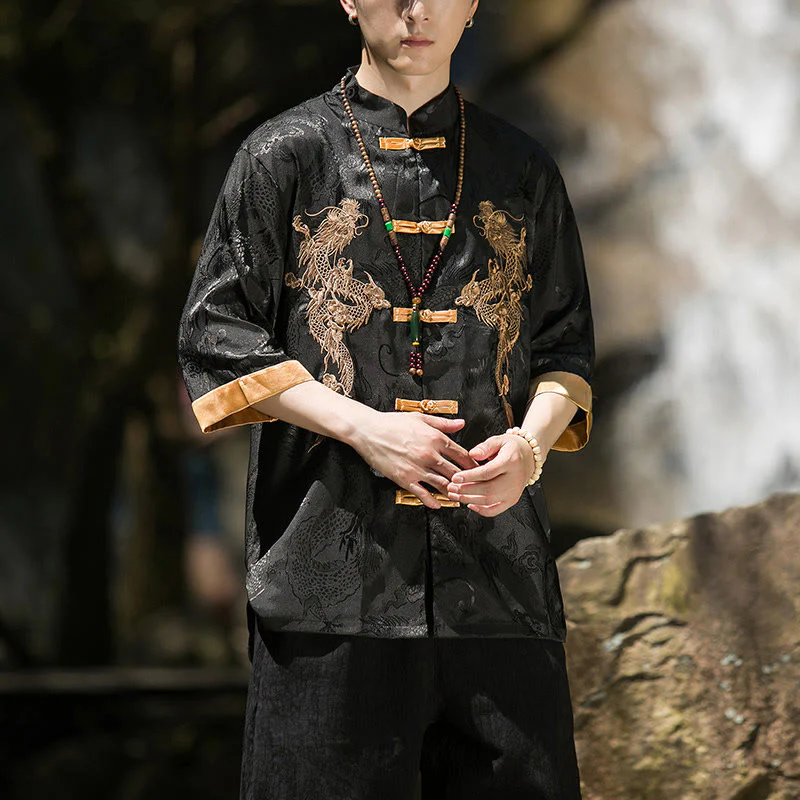 Buddha Stones Camicia da uomo a mezza manica con bottoni a rana, motivo drago ricamato, design colorblock - Image 13