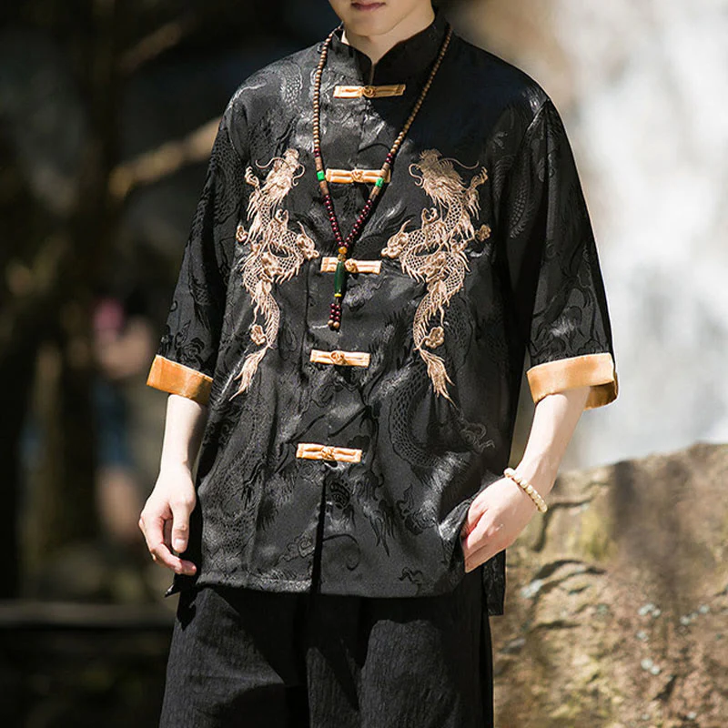 Buddha Stones Camicia da uomo a mezza manica con bottoni a rana, motivo drago ricamato, design colorblock - Image 14
