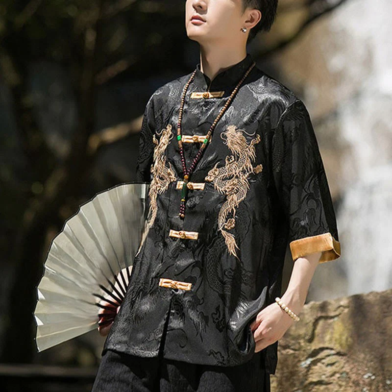 Buddha Stones Camicia da uomo a mezza manica con bottoni a rana, motivo drago ricamato, design colorblock - Image 17