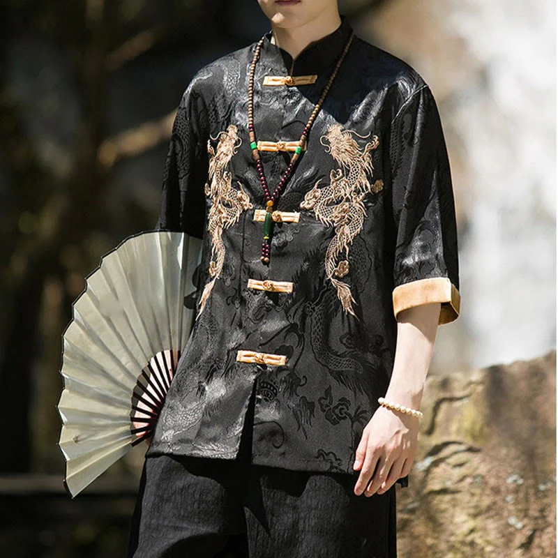 Buddha Stones Camicia da uomo a mezza manica con bottoni a rana, motivo drago ricamato, design colorblock - Image 18